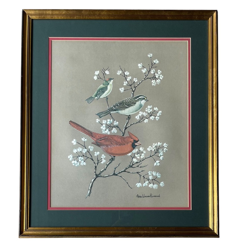 Anne Worsham Richardson Cardinal Sparrow Kinglet Framed Signed Lithograph